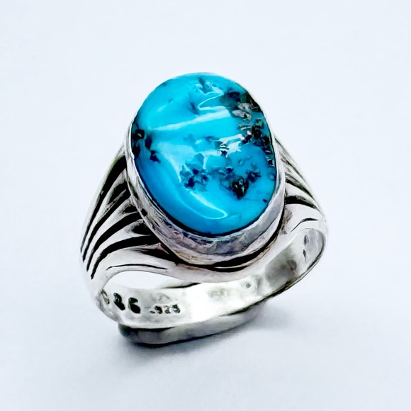 Vintage 1986 Turquoise Sterling Silver Ring - Designer Signed Southwestern - Picture 1 of 15